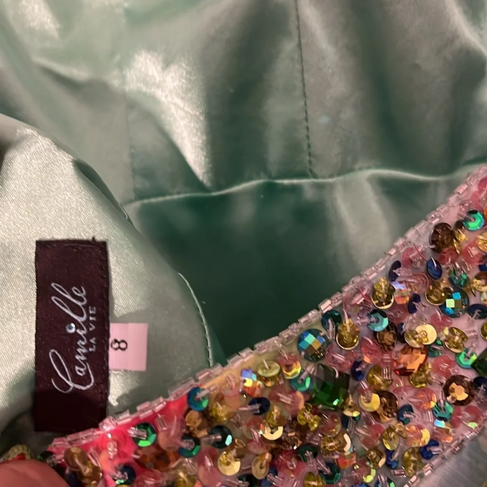 Camille La Vie Green and Pink Embellished Plunge Neck Prom Dress - Picture 7 of 7